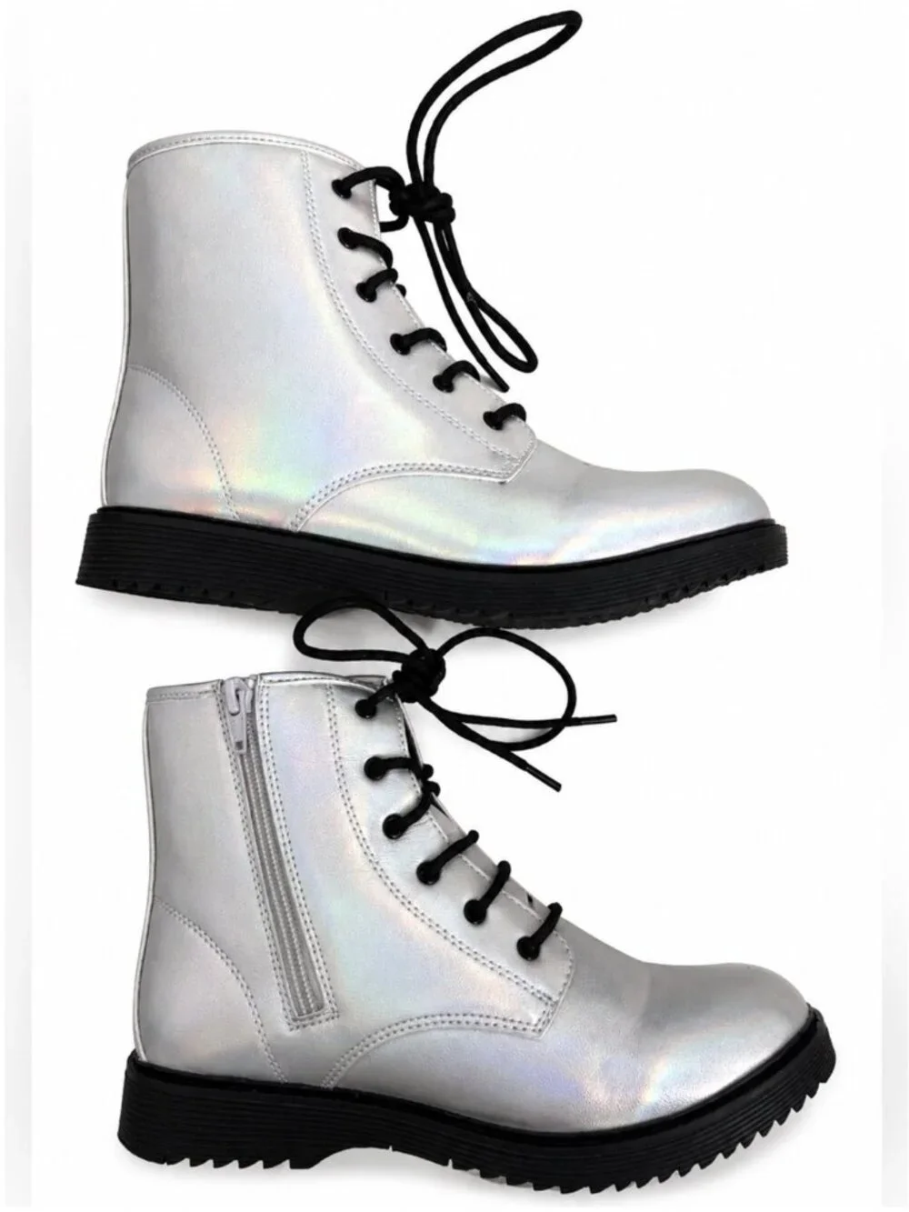 The Children's Place Girls Metallic Silver Combat Boots Lace Up Big Kid Size 6